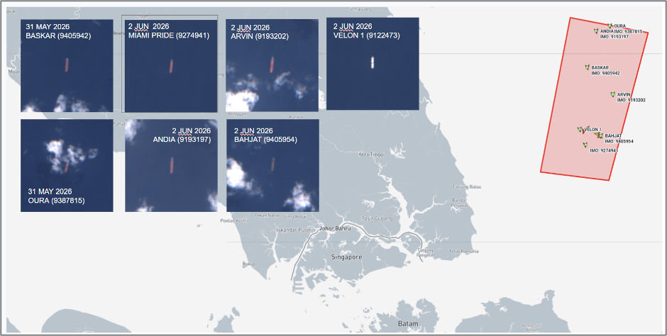 Iran-flagged cargo ships at Malaysian EOPL on June 2 (Credit: Marine Traffic and ESA Copernicus)