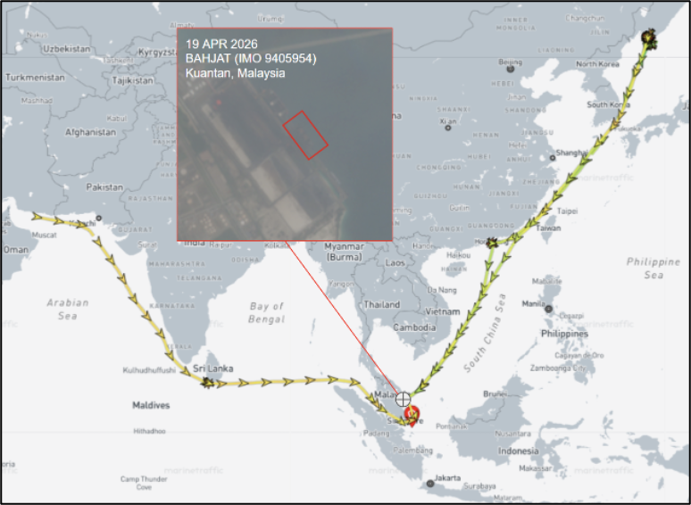 Iran-flagged bulk cargo ship&nbsp;in Kuantan, Malaysia on April 21 (Credit: Marine Traffic & ESA Copernicus)