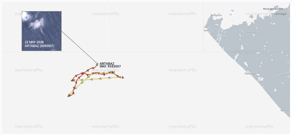 Iran-flagged container ship drifting in Arabian Sea on May 22 (Credit: Marine Traffic)