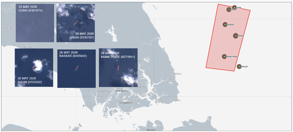 Iran-flagged cargo ships at Malaysian EOPL on May 29 (Credit: Marine Traffic and ESA Copernicus)