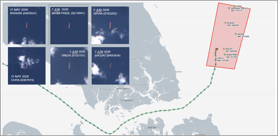 Iran-flagged cargo ships at Malaysian EOPL on June 4 (Credit: Marine Traffic and ESA Copernicus)