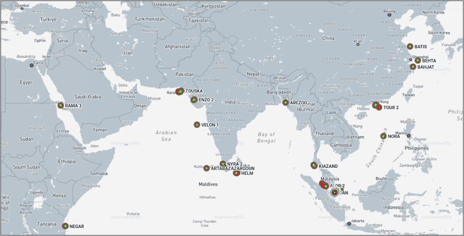 Iran-flagged vessels across the Indo-Pacific on June 15 (Credit: Marine Traffic)
