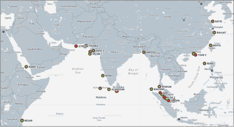 Iran-flagged vessels across the Indo-Pacific on June 16 (Credit: Marine Traffic)