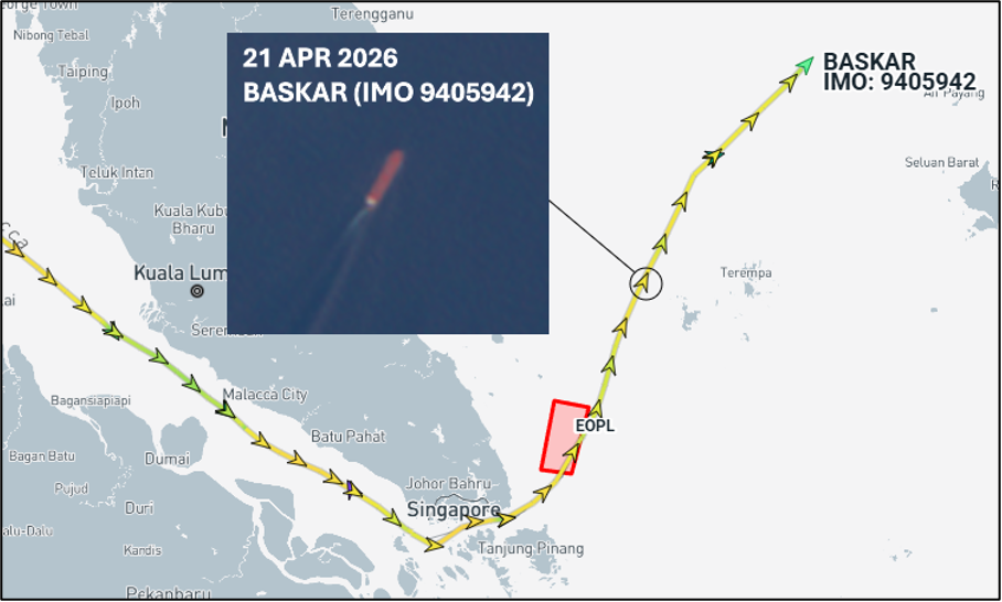 Iran-flagged bulk cargo ship&nbsp;transiting the South China Sea on April 21 (Credit: Marine Traffic & ESA Copernicus)