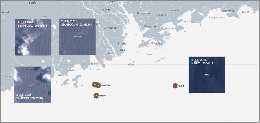 Iran-flagged container ships at Zhuhai, and tankers south of Hong Kong China, on June 4