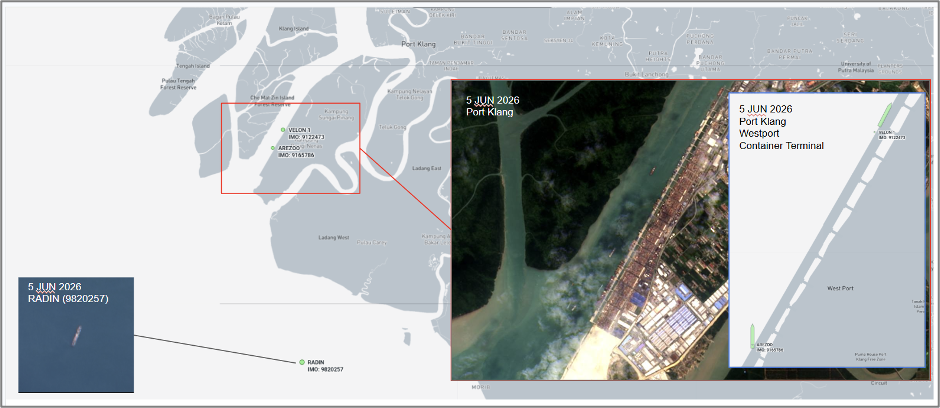 Iran-flagged cargo ships at Port Klang, Malaysia, on June 5 (Credit: Marine Traffic and LANDSAT by EOS.com)