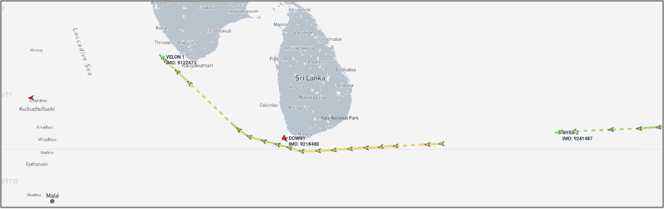 Iran-flagged container ships near the Maldives and Sri Lanka on June 12 (Credit: Marine Traffic)