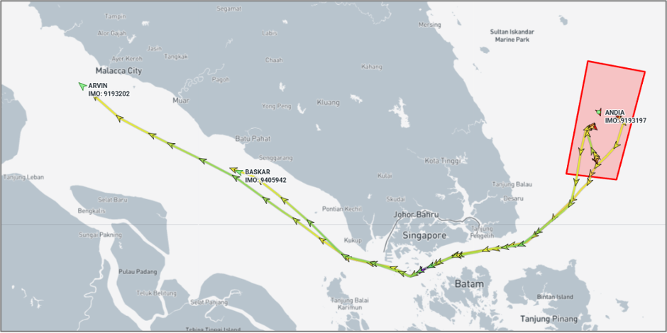 Iran-flagged cargo ships in the Malacca Strait and Malaysian EOPL on June 18 (Credit: Marine Traffic)