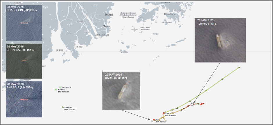 Iran-flagged container ships at Zhuhai, and tankers south of Hong Kong China, on May 28 