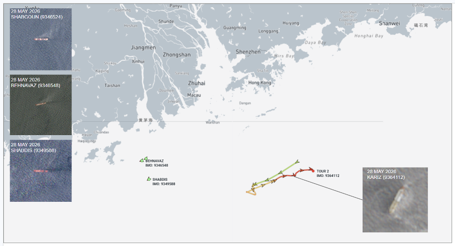 Iran-flagged container ships at Zhuhai, and tankers south of Hong Kong China, on May 29