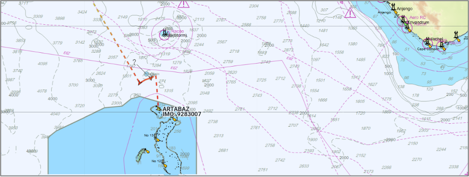 Iran-flagged container ship near Maldives on June 1 (Credit: Marine Traffic)