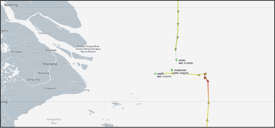 Iran-flagged cargo ships in the vicinity of Shanghai on April 27 (Credit: Marine Traffic)
