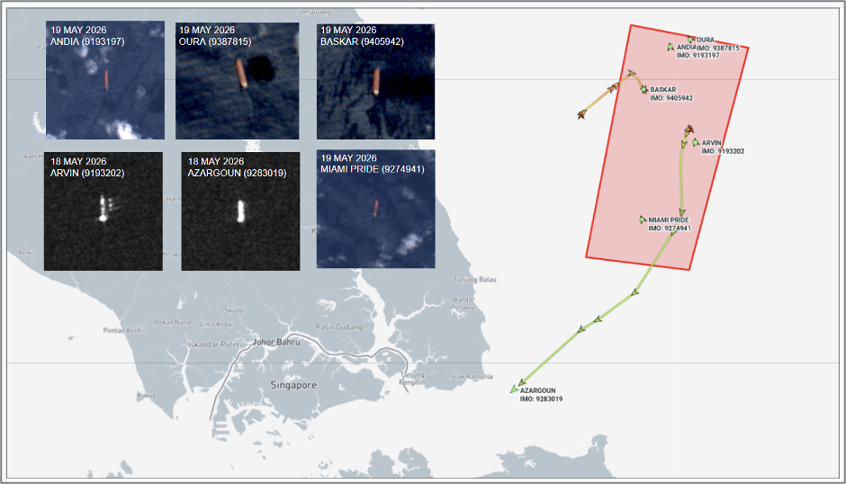 Iran flagged cargo ships at Malaysian EOPL on May 19 (Credit: Marine Traffic and ESA Copernicus)