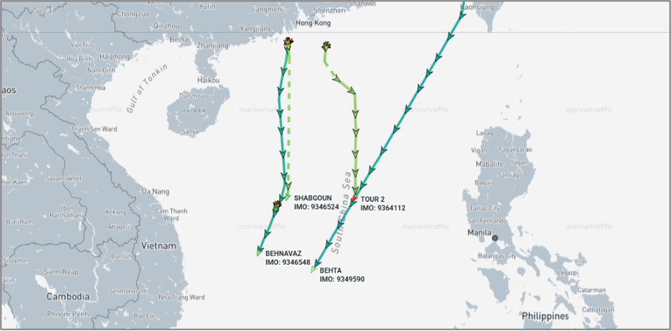 Iran-flagged ships in the South China Sea on June 18 (Credit: Marine Traffic)