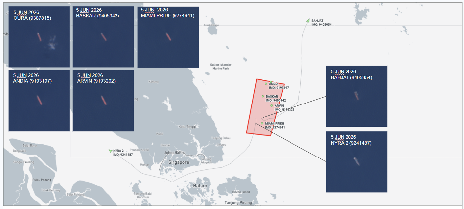ran-flagged cargo ships at Malaysian EOPL on June 5 (Credit: Marine Traffic and ESA Copernicus)
