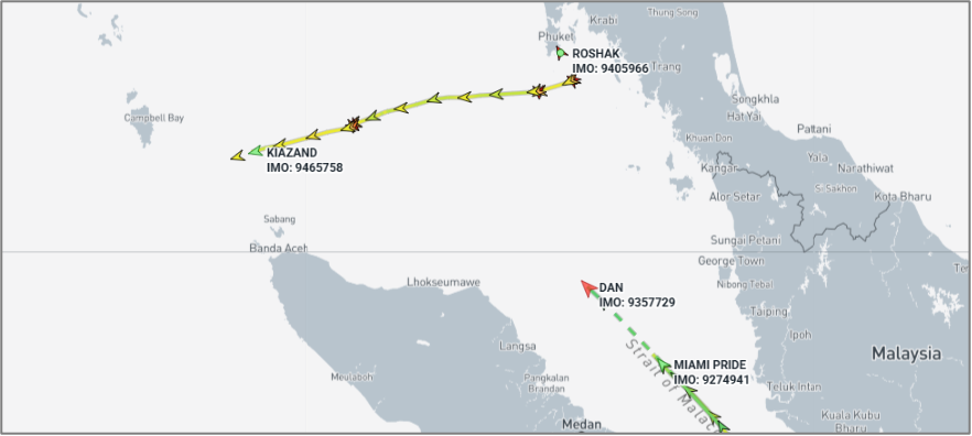 Iran-flagged cargo ships in Malacca Strait on June 16 (Credit: Marine Traffic)