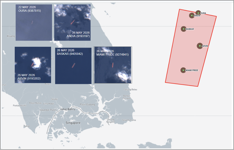 Iran-flagged cargo ships at Malaysian EOPL on May 26 (Credit: Marine Traffic and ESA Copernicus)