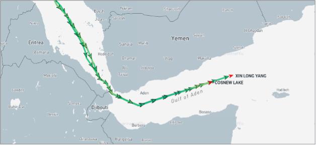Tankers transiting the Bab el Mandeb laden with Saudi crude on July 24 (Credit: Marine Traffic)