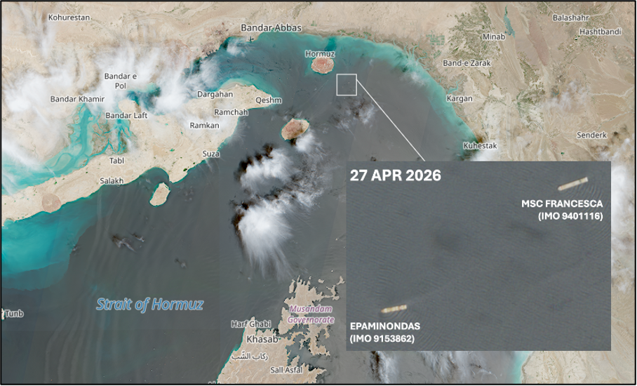 Two container ships reportedly seized by the IRGC in the Strait of Hormuz on April 27 (Credit: ESA Copernicus)