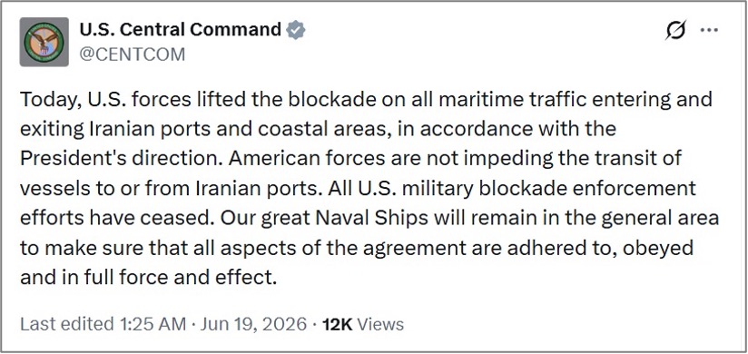 U.S. CENTCOM update on lifting of the U.S. blockade (Credit: CENTCOM/X)