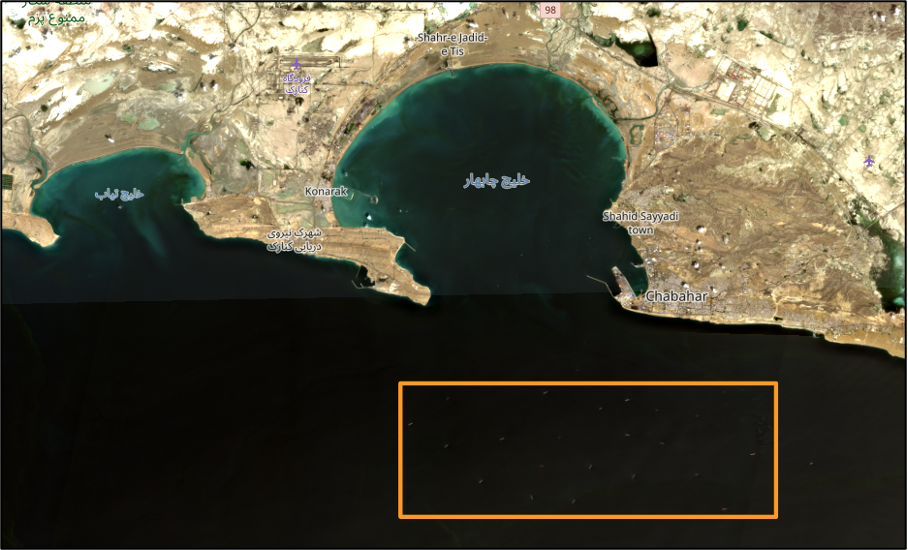 Satellite imagery of Iran-flagged tankers laden with Iranian crude loitering/anchored by Chabahar Port on April 6 (Credit: ESA Copernicus)