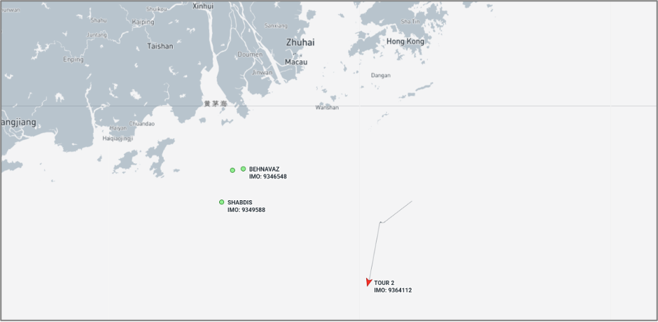 Iran-flagged ships at Zhuhai and Hong Kong, on June 15 (Credit: Marine Traffic)