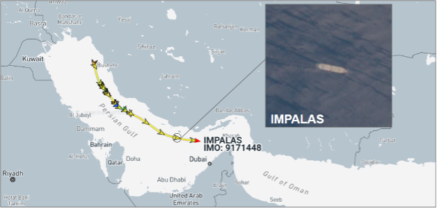 Tanker laden with Iranian oil transiting the Persian Gulf (Credit: Marine Traffic & ESA Copernicus)