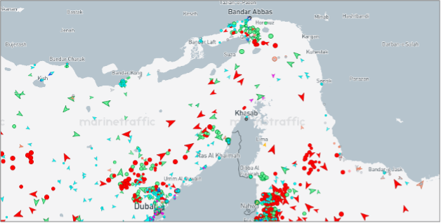 Strait of Hormuz transits on June 30 at 12:00 UTC (Credit: Marine Traffic)