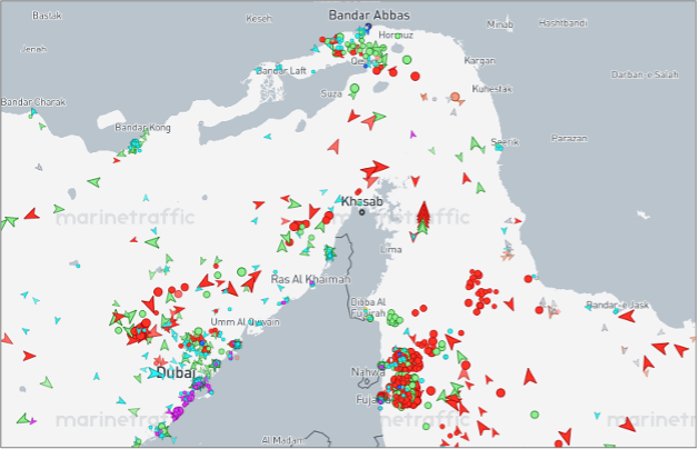 Strait of Hormuz transits on July 1 at 14:00 UTC (Credit: Marine Traffic)