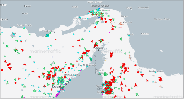 Strait of Hormuz transits on July 2 at 17:00 UTC (Credit: Marine Traffic)