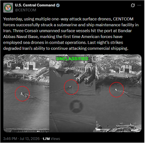U.S. CENTCOM update on July 13 (Credit: US CENTCOM/X)