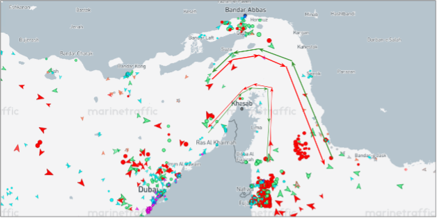 Strait of Hormuz transits on July 10 at 12:00 UTC (Credit: Marine Traffic)
