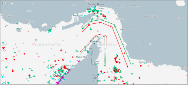 Strait of Hormuz transits on July 17 at 12:00 UTC (Credit: Marine Traffic)