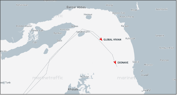 Two tankers laden with Iranian LPG passed the Strait of Hormuz broadcasting their AIS on April 7 (Credit: Marine Traffic)