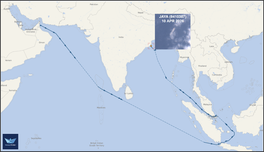 Falsely flagged tanker’s journey from the Persian Gulf to Paradip, India (Credit: Vessel Finder and ESA Copernicus)