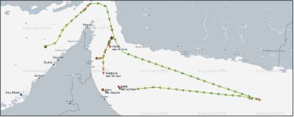 Tankers, laden with Iranian oil, in the Gulf of Oman between April 17 and 20 (Credit: Marine Traffic)
