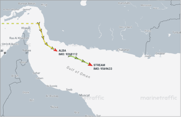 Tankers laden with Iranian crude transiting the Gulf of Oman (Credit: Marine Traffic)