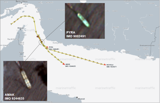 Laden tankers transiting the Gulf of Oman on July 1 (Credit: ESA Copernicus & Marine Traffic)