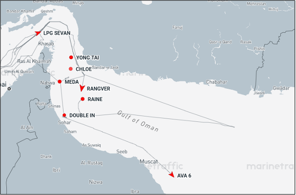 Eight tankers, laden with Iranian oil, in the Gulf of Oman on April 22 (Credit: Marine Traffic)