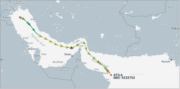 Tanker laden with Iranian crude departing the Gulf of Oman on July 7 (Credit: Marine Traffic)