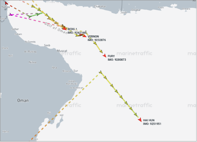 Tankers laden with Iranian oil departing the Gulf of Oman on July 10 (Credit: Marine Traffic)