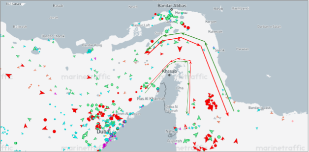 Strait of Hormuz transits on July 14 at 12:00 UTC (Credit: Marine Traffic)