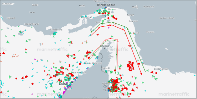 Strait of Hormuz transits on July 15 at 12:00 UTC (Credit: Marine Traffic)