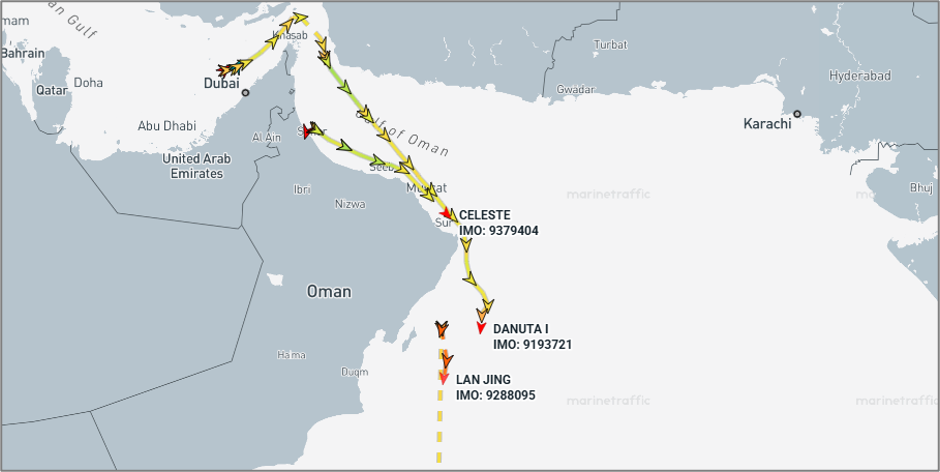 Laden tankers departing the Gulf of Oman on July 15 and 16 (Credit: Marine Traffic)