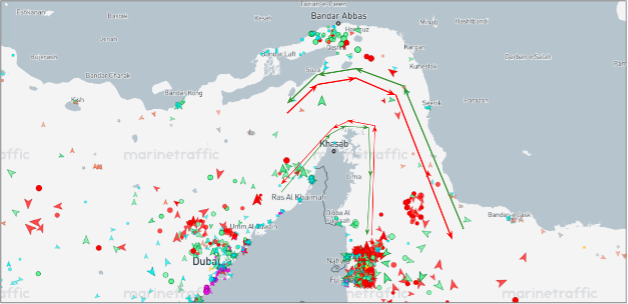 Strait of Hormuz transits on July 20 at 12:00 UTC (Credit: Marine Traffic)