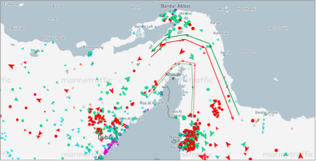 Strait of Hormuz transits on July 24 at 12:00 UTC (Credit: Marine Traffic)