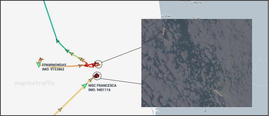 Two container ships reportedly seized by the IRGC on April 22 (Credit: Marine Traffic & ESA Copernicus)