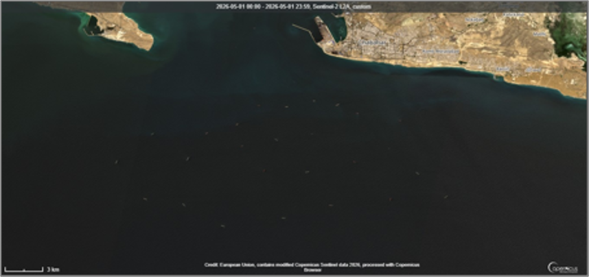 12 Iran flagged tankers, laden with Iranian crude, near Chabahar Port, Iran on May 1 (Credit: ESA Copernicus)
