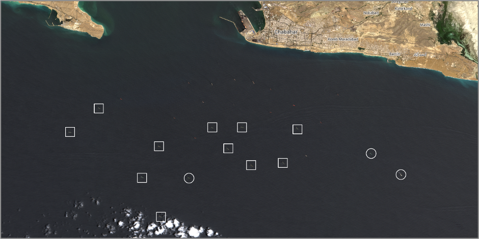 Tankers laden with Iranian oil near Chabahar on May 16 (Credit: ESA Copernicus)