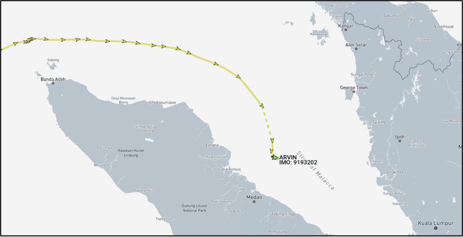 Iran flagged bulk cargo ship entering the Malacca Strait and anchoring on April 7 (Credit: Marine Traffic)